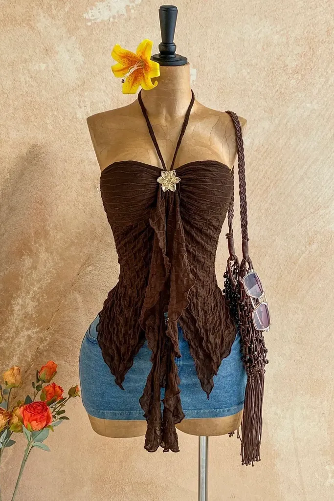Dark Brown Ruched Halter Top - Image 1