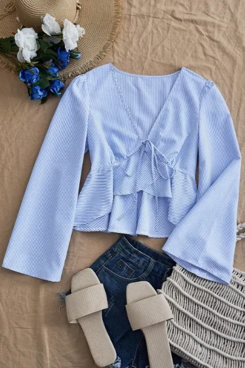 Light Blue Striped Ruffle Shirt - Image 1