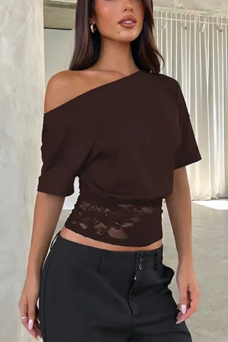 Dark Brown Lace One-Shoulder Crop Top - Image 1