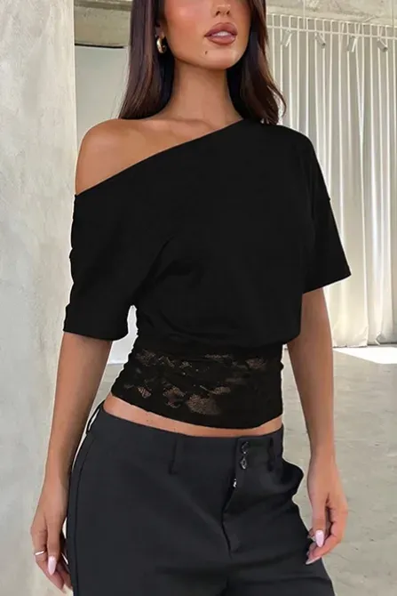 Black Lace One-Shoulder Crop Top - Image 1