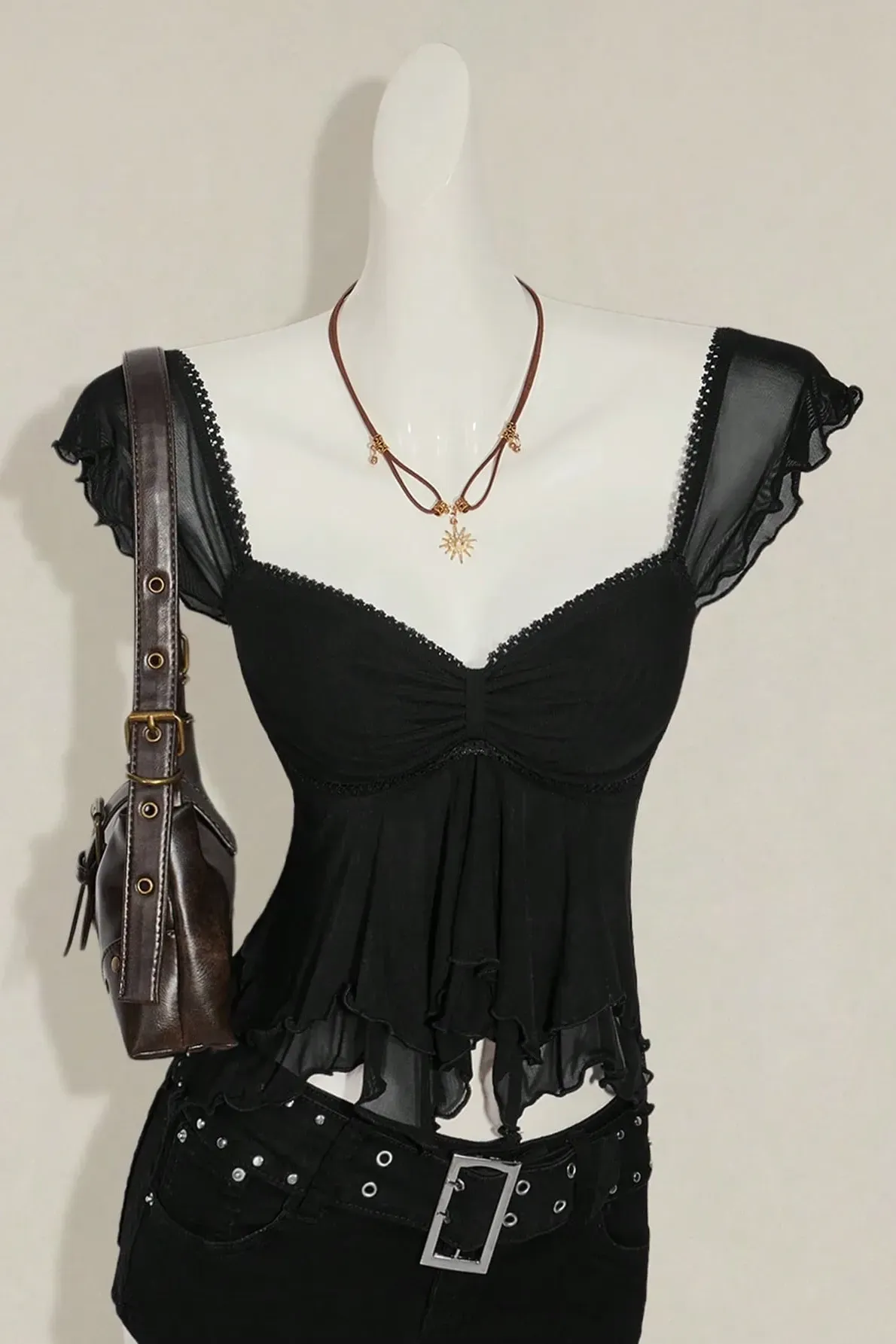 Black Solid Sweetheart Ruffle Top