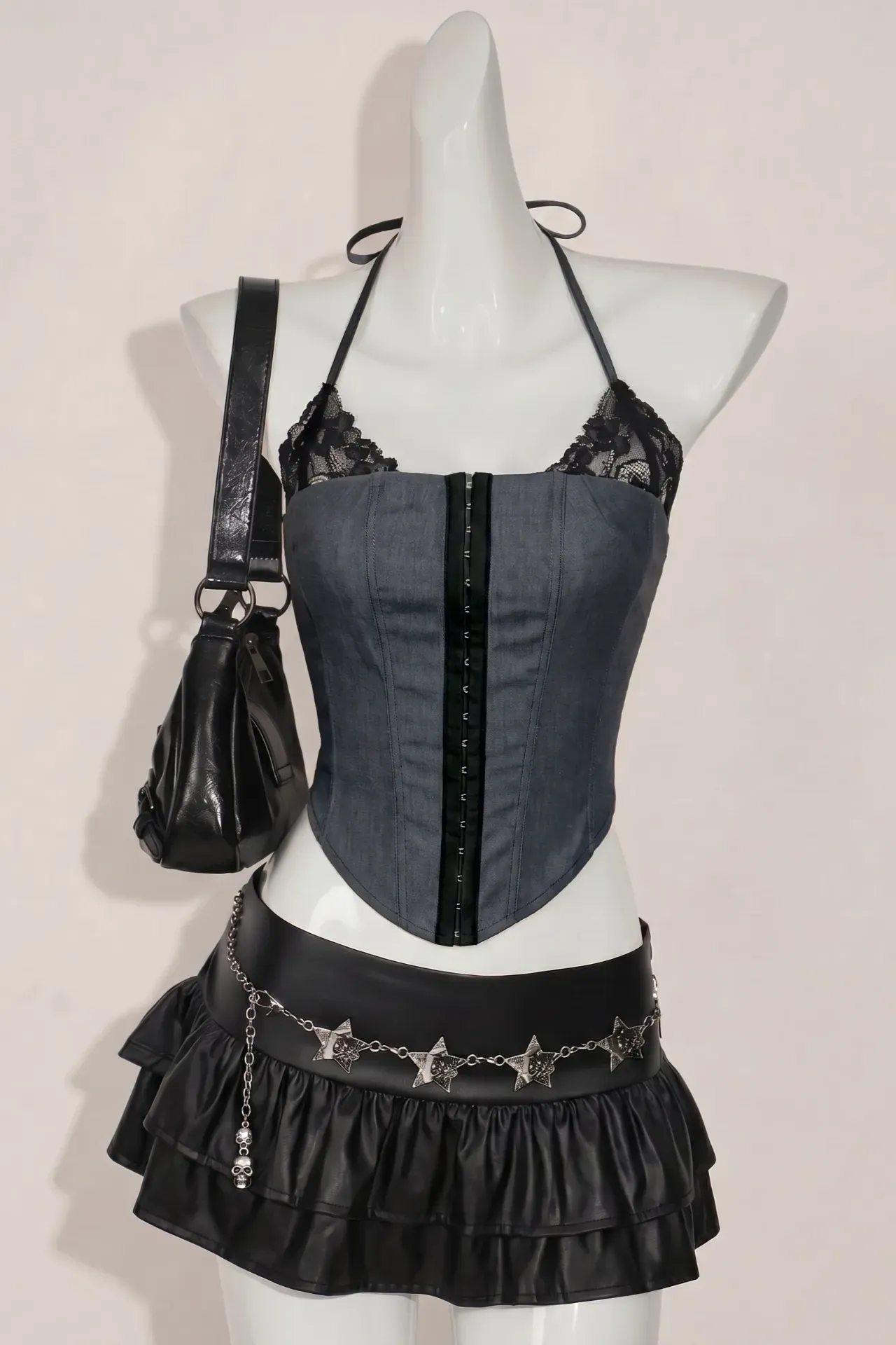 Grey Lace Overlay Corset Top