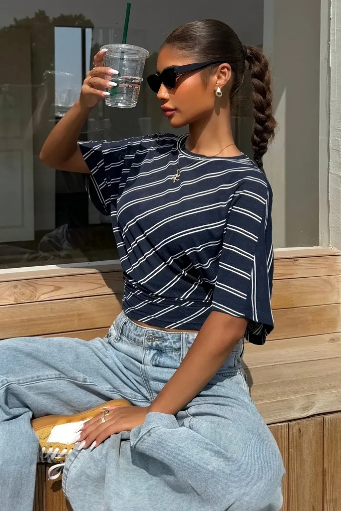 Dark Blue Striped Crop T-Shirt - Image 1