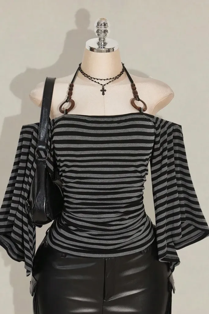 Black Off-Shoulder Ruched Striped T-Shirt - Image 1
