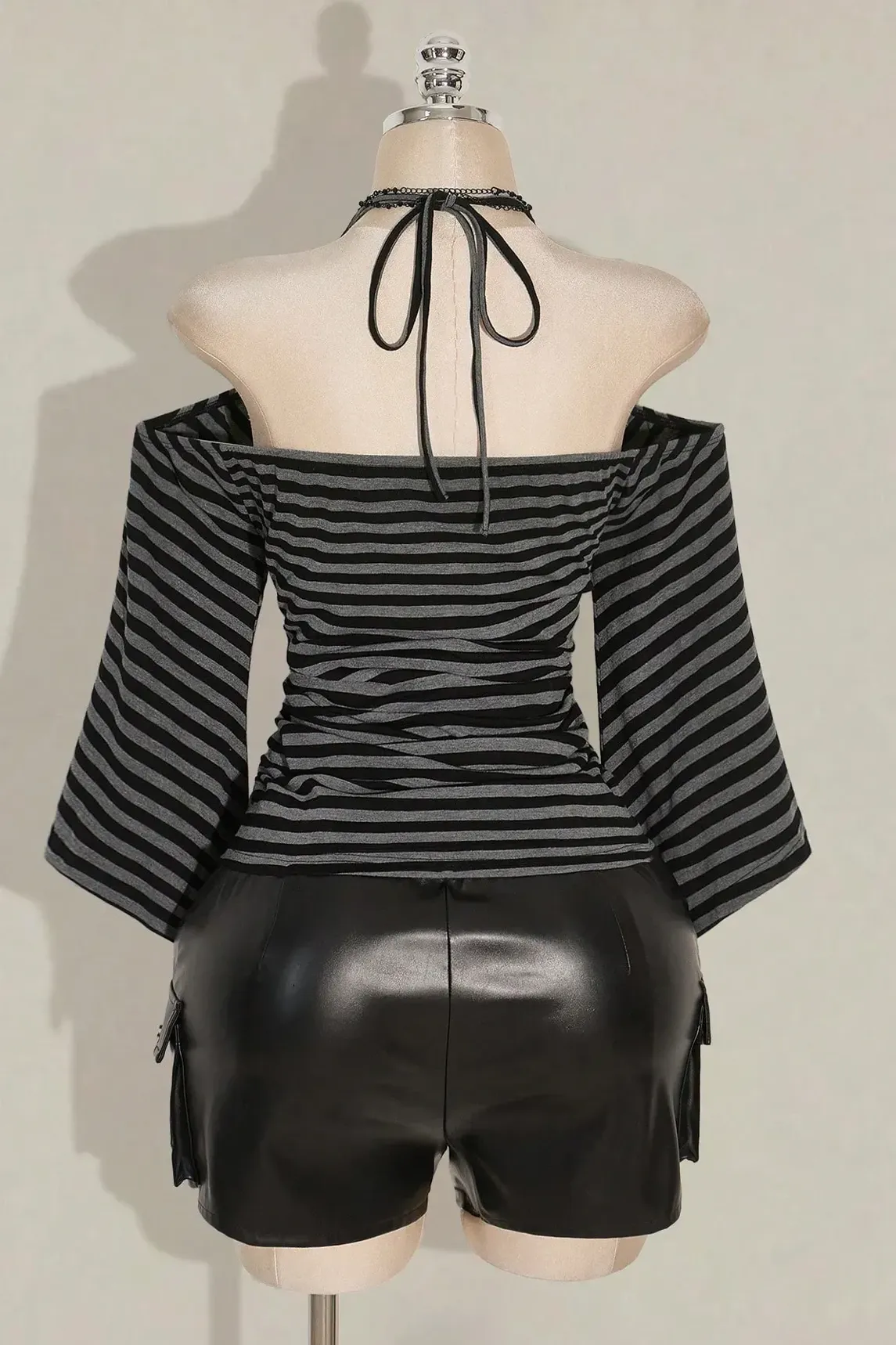 Black Off-Shoulder Ruched Striped T-Shirt - NEWME