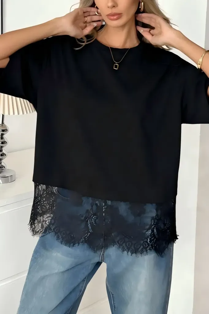 Black Lace Overlay Crew Neck Top - Image 1