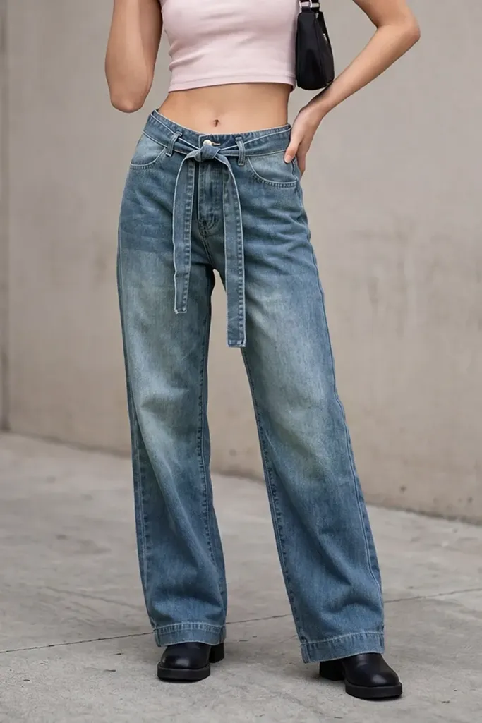Blue Solid High Rise Wide Leg Jeans - Image 1