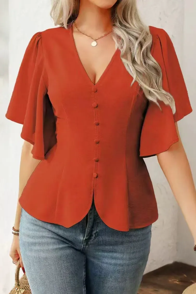 Brown Solid V-Neck Top