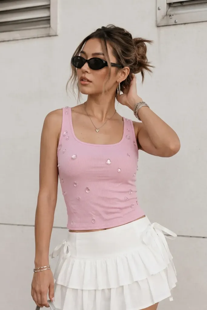 Light Pink Square Neck Sequin Top - Image 1