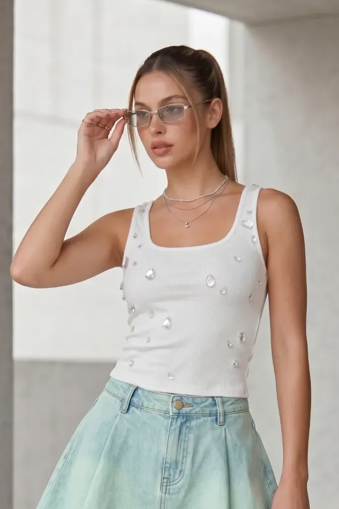 White Square Neck Sequin Top - Image 1