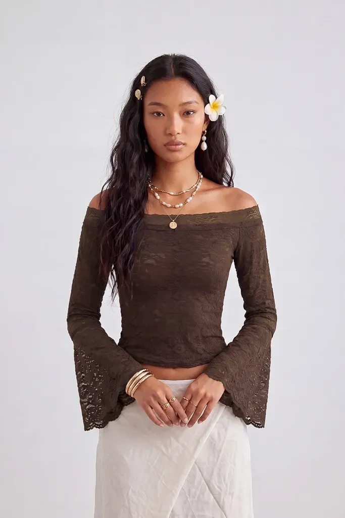 Dark Brown Off Shoulder Bell Sleeves Top - Image 1
