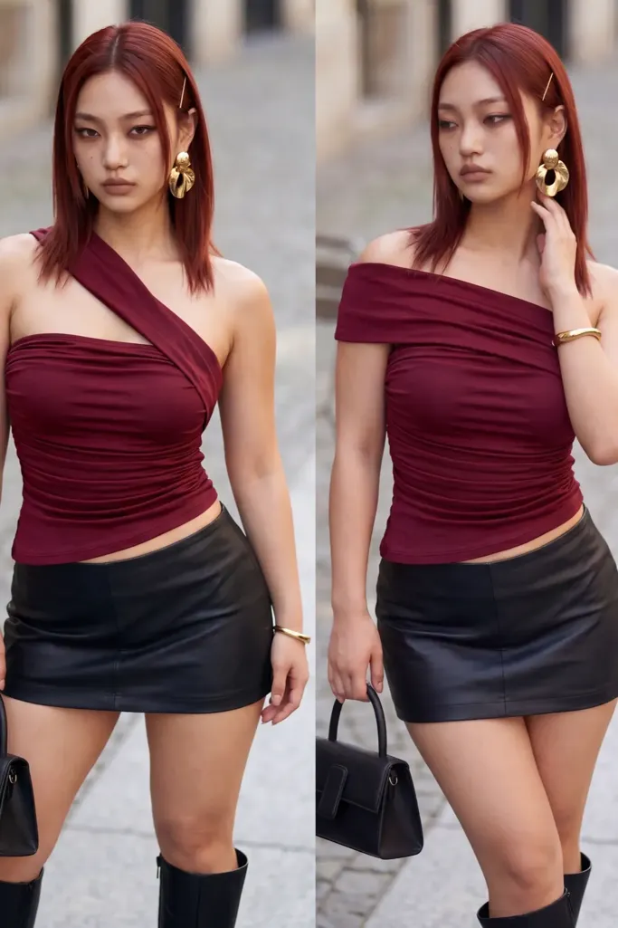 Wine Ruched One-Shoulder Top - Image 1