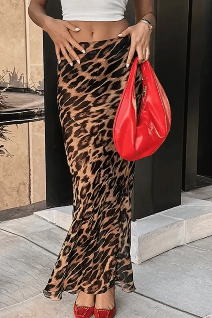 Brown Leopard Print Mermaid Maxi Skirt - Image 1
