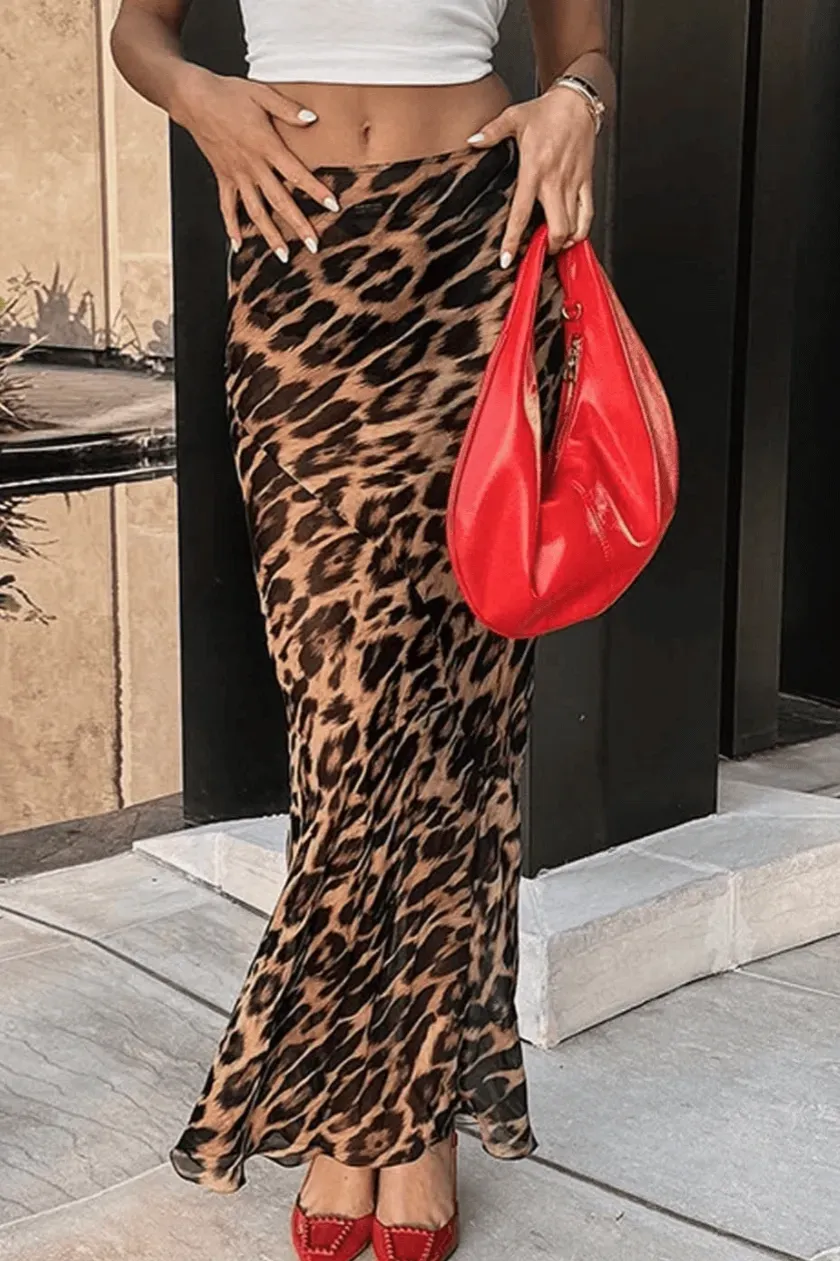 Brown Leopard Print Mermaid Maxi Skirt