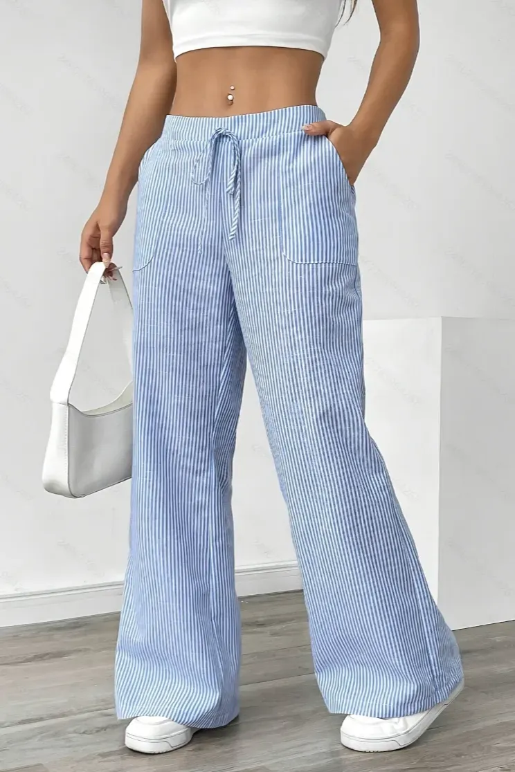 Light Blue Mid-Rise Striped Pants