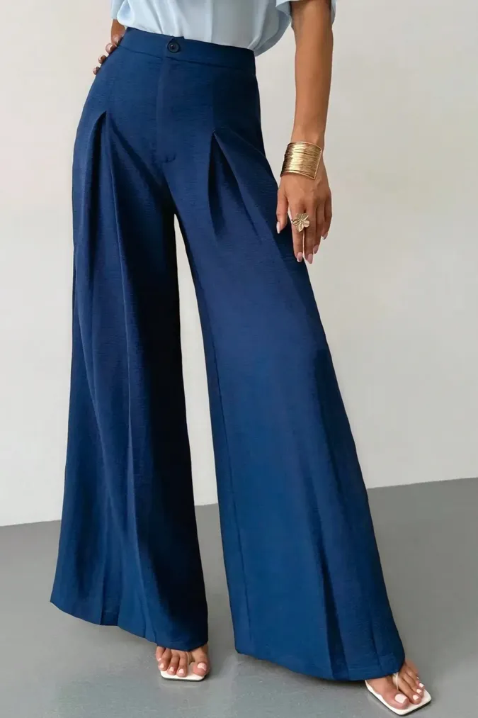Blue Solid High-Rise Pleated Pants - Image 1