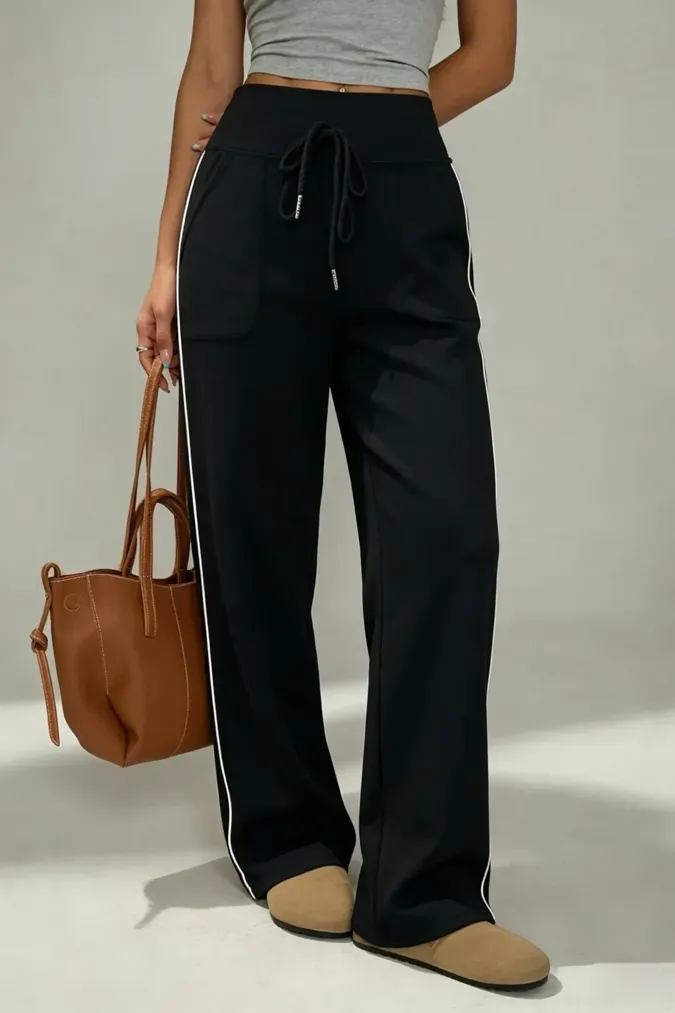 Black Mid Rise Stripes Pants - Image 1