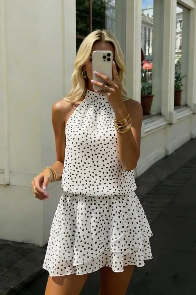 White Halter Neck Polka Dot Mini Dress - Image 1