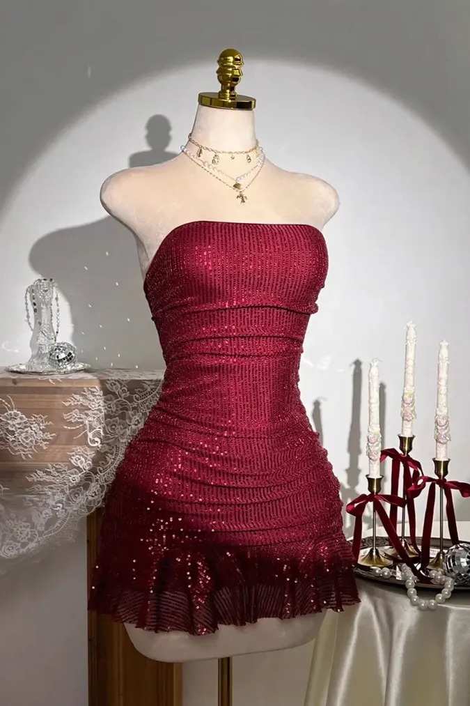 Wine Ruched Sequin Tube Mini Dress - Image 1