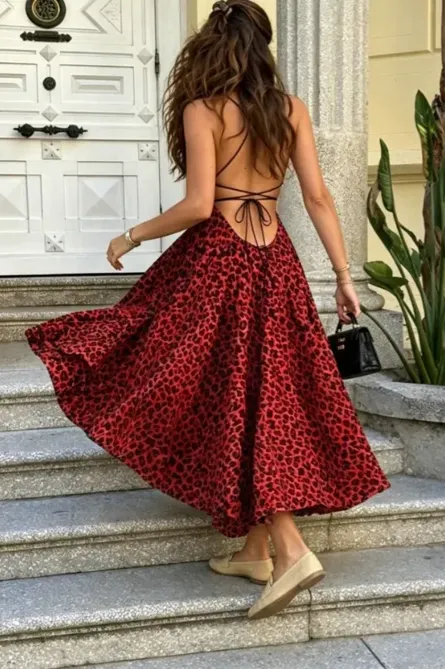 leopard print dress red Patricia Burgundy Burnout Velvet Mesh Backless Maxi sporty silhouettes Faye Red Leopard Print Mini