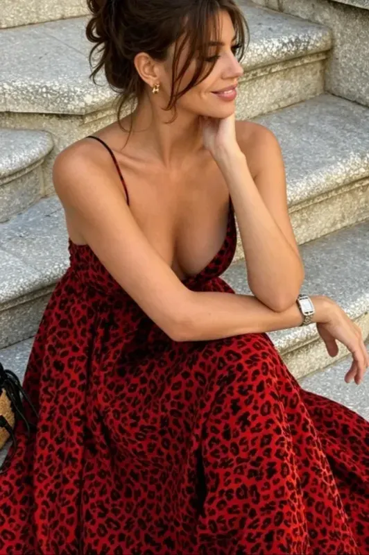 red leopard print dress Maxi  KETA GUTMANE stretch velvet burnout mesh Vestido Midi de Malla Leopard