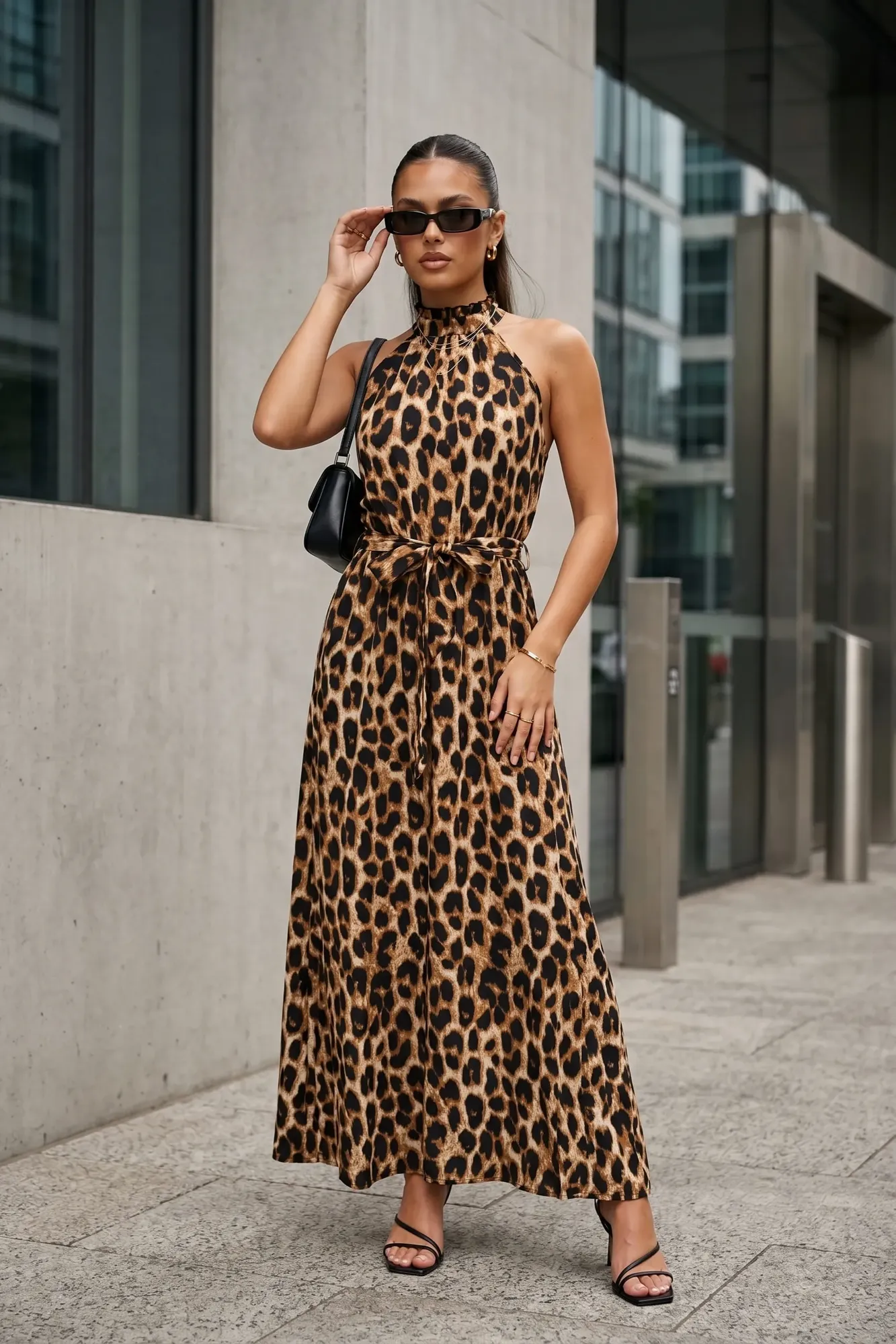 Brown Halter Leopard Maxi Dress