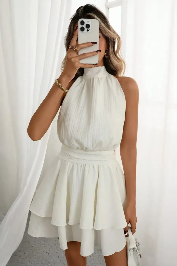 White Halter Tiered Mini Dress - Image 1