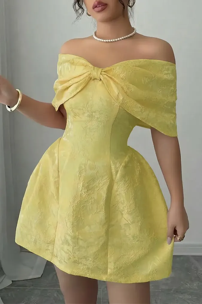 Light Yellow Off Shoulder Mini Dress - Image 1