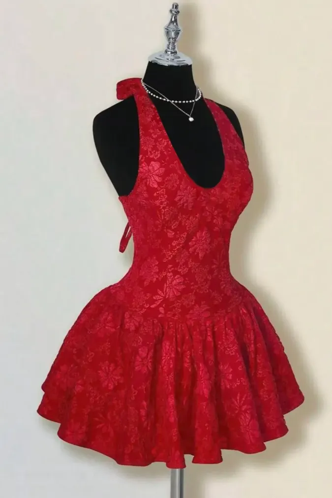 Red Floral Halter Skater Dress - Image 1