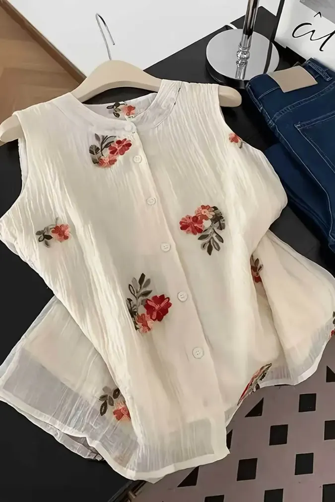 White Embroidered Floral Top - Image 1