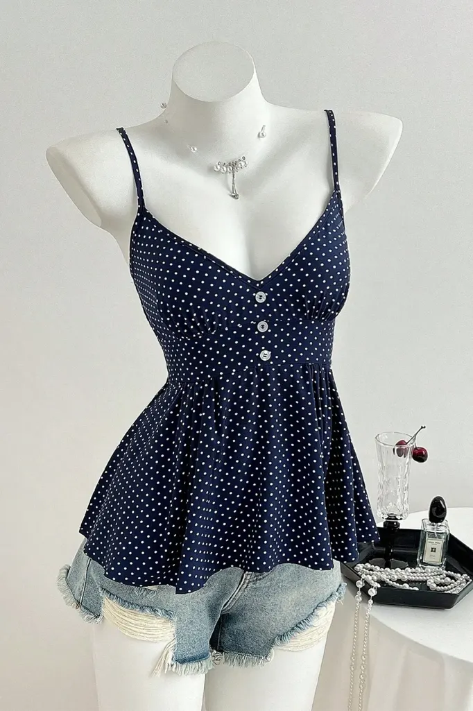 Navy Polka Dot V-Neck Top - Image 1