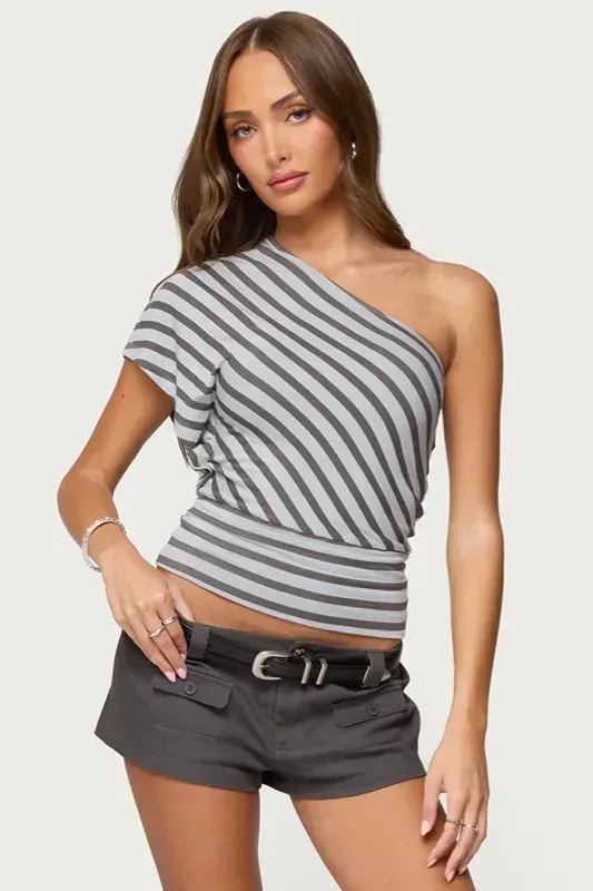 Grey Striped One-Shoulder Crop Top - Image 1