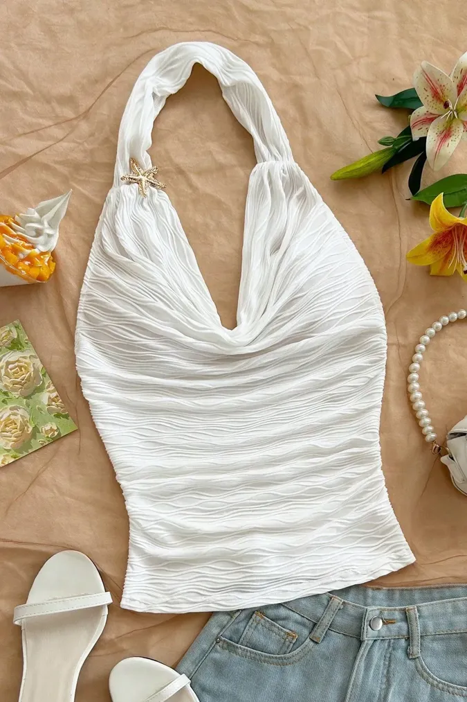 White Draped Halter Neck Top - Image 1