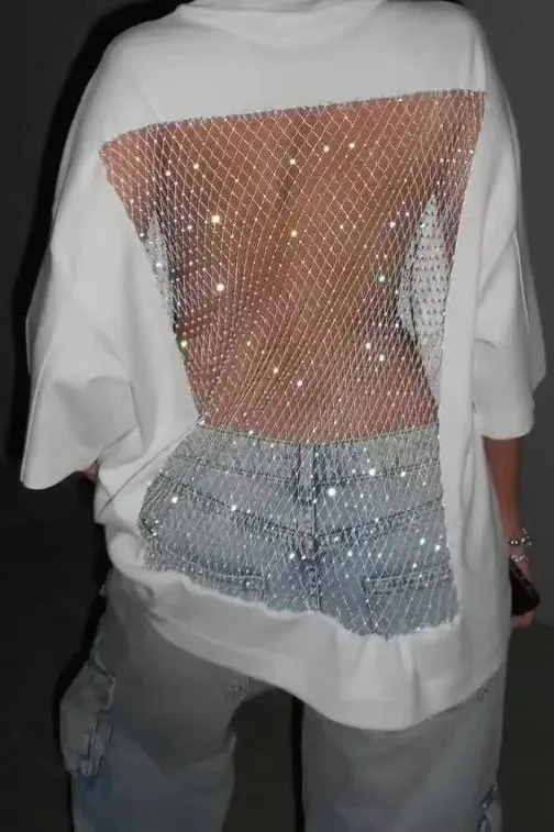 White Oversized Rhinestone T-Shirt - Image 1