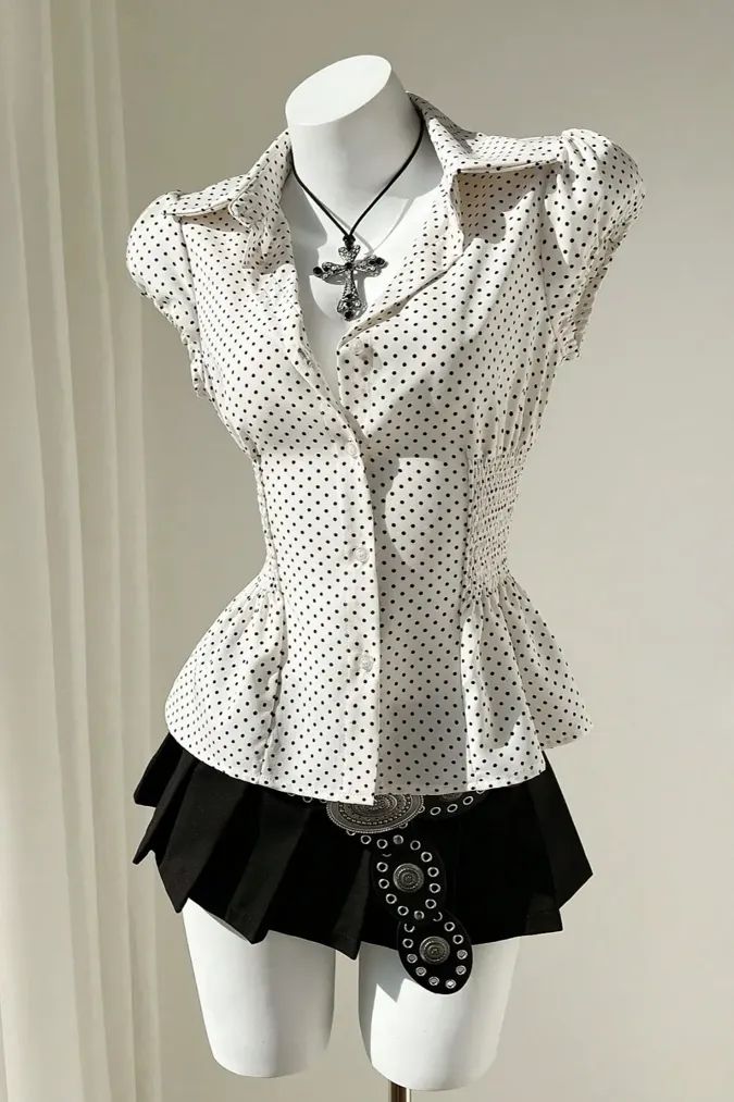 Off-White Polka Dot Smocked Top - Image 1