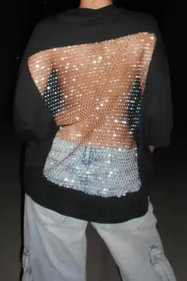 Black Oversized Rhinestone T-Shirt - Image 1