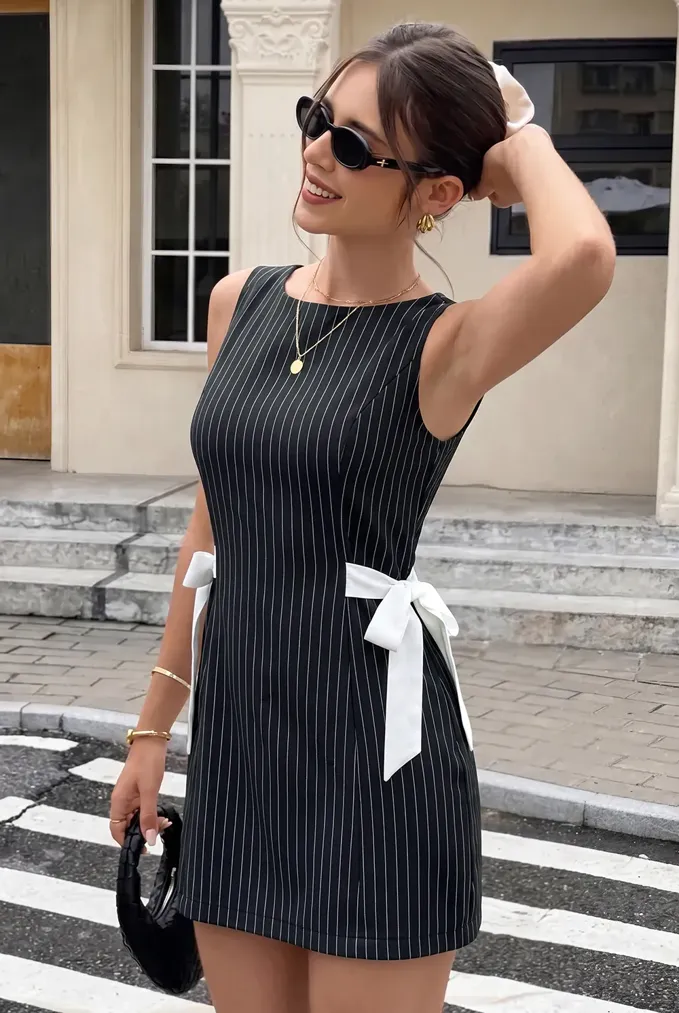 Black Striped High Neck Mini Dress - Image 1