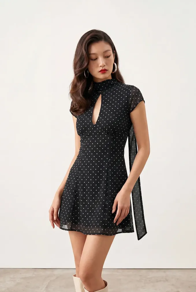 Black Polka Dot Halter Mini Dress - Image 1