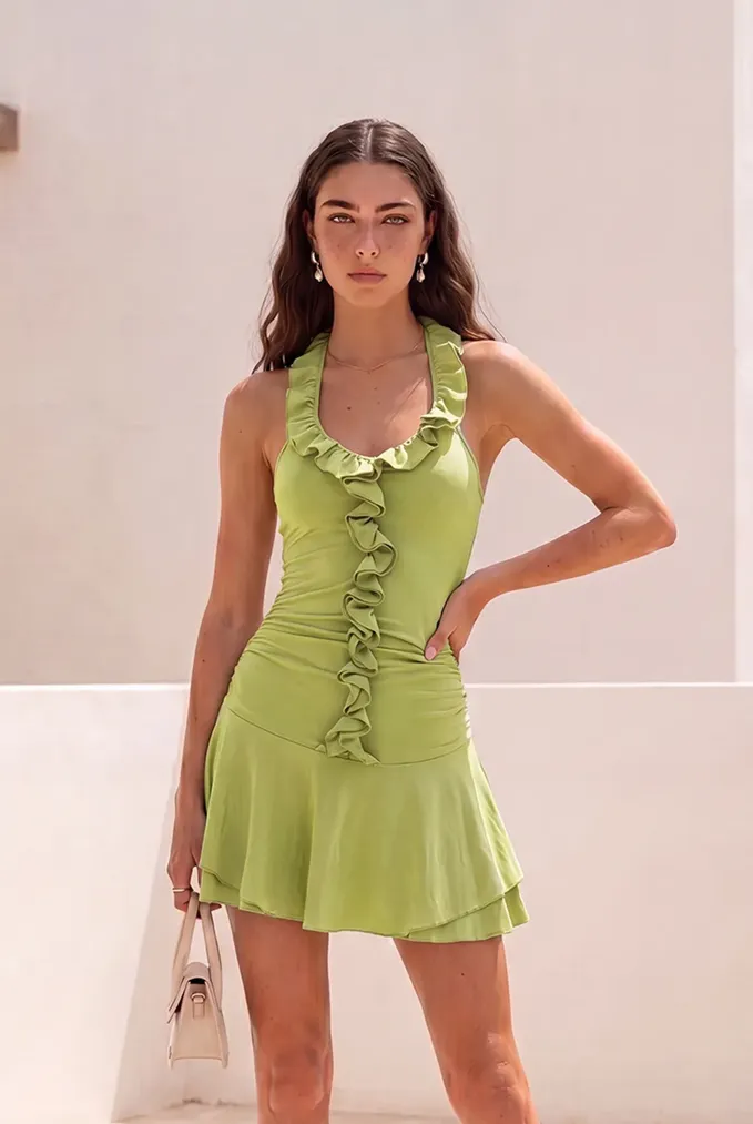 Green Solid Knotted Mini Dress - Image 1