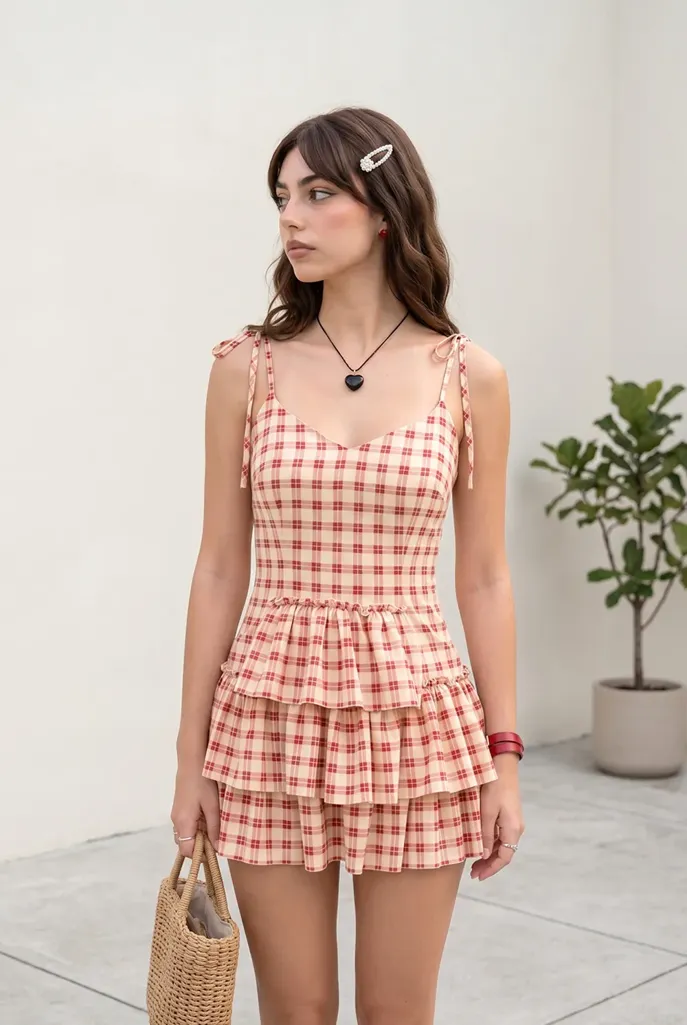 Red Gingham Print Tiered Mini Dress - NEWME ANDWANG Arrange