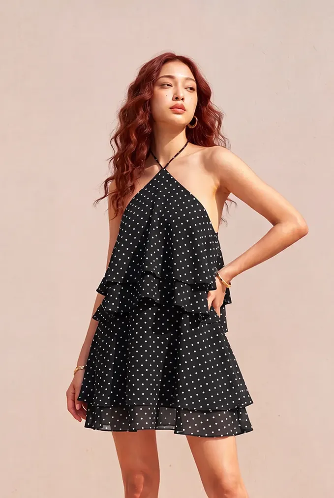 Black Polka Dot Halter Mini Dress - Image 1