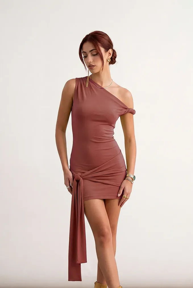 Rust Solid Ruched Mini Dress - Image 1
