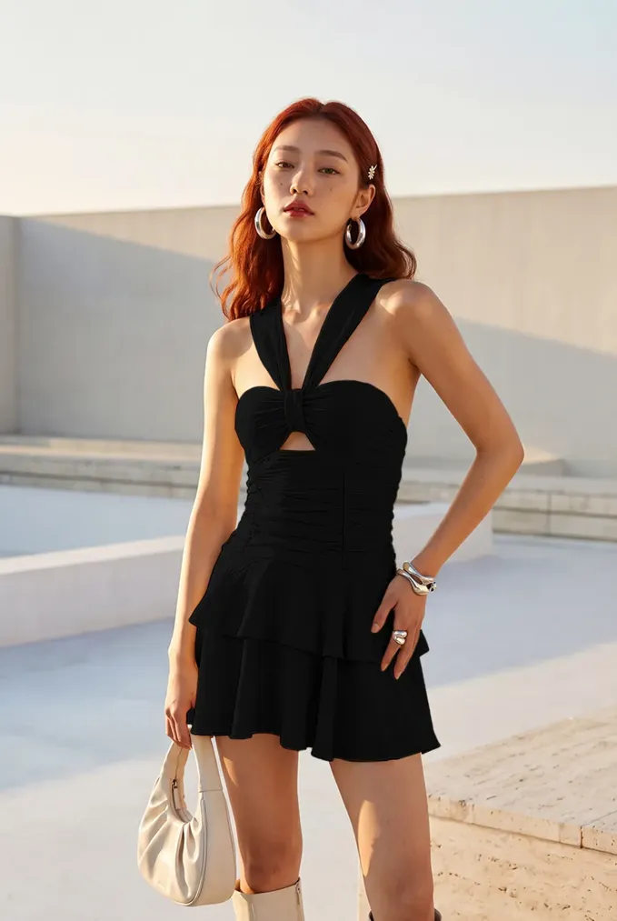 Black Solid Tiered Mini Dress - Image 1