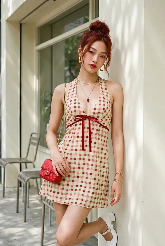 Red Gingham Halter Mini Dress - Image 1