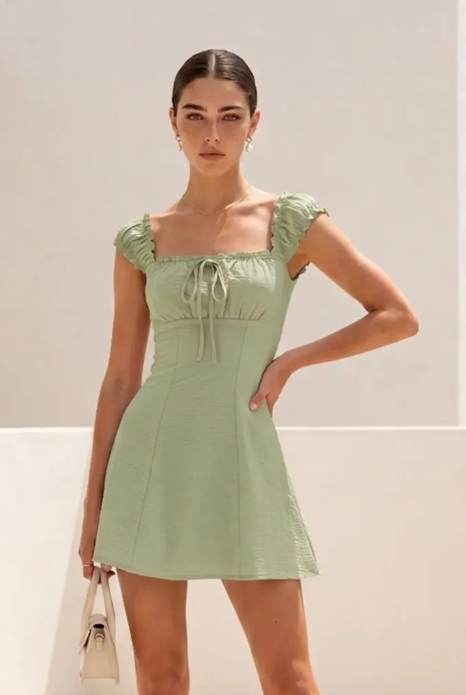 Green Solid Sqaure Neck Mini Dress - Image 1