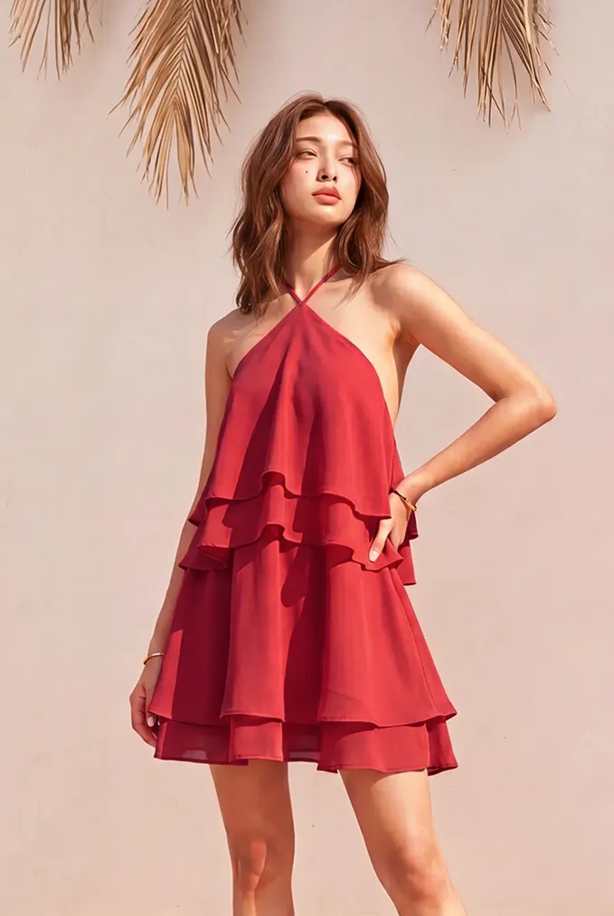 Red Solid Tiered Midi Dress - Image 1