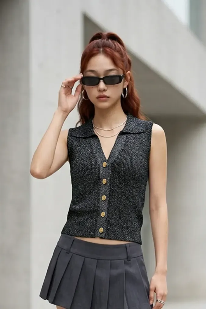 Grey Buttoned V-Neck Polo Top - Image 1