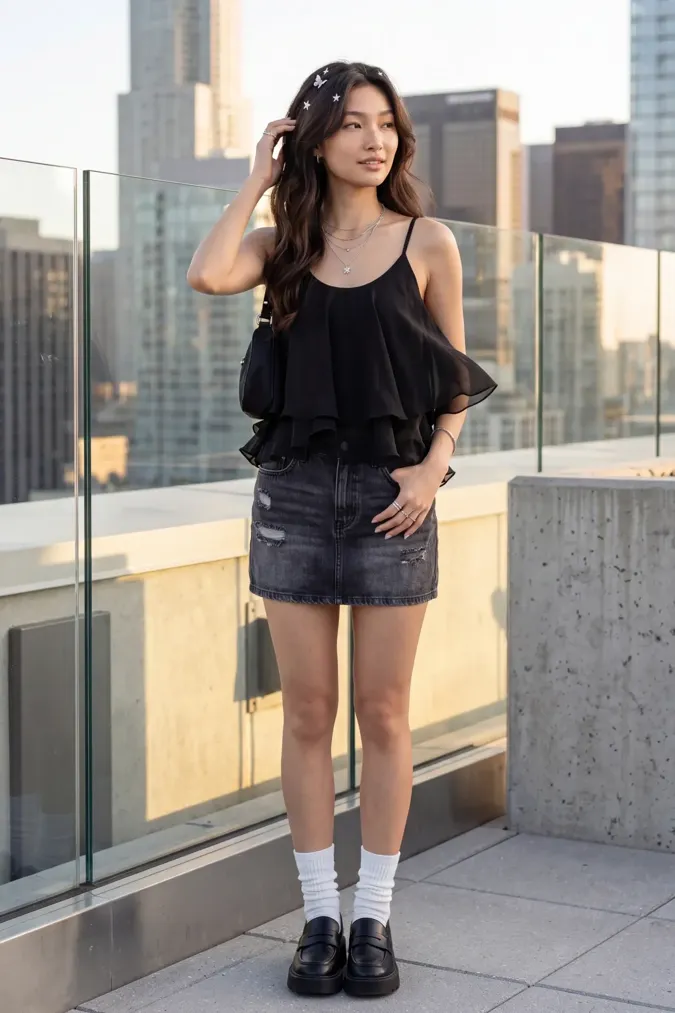 Black Scoop Neck Ruffled Top - Image 1