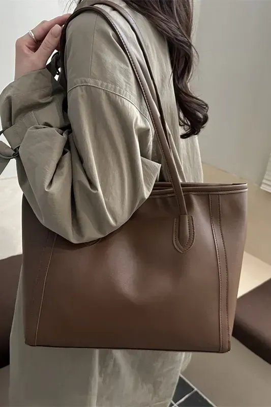 Brown Solid Pu Tote Bag - Image 1