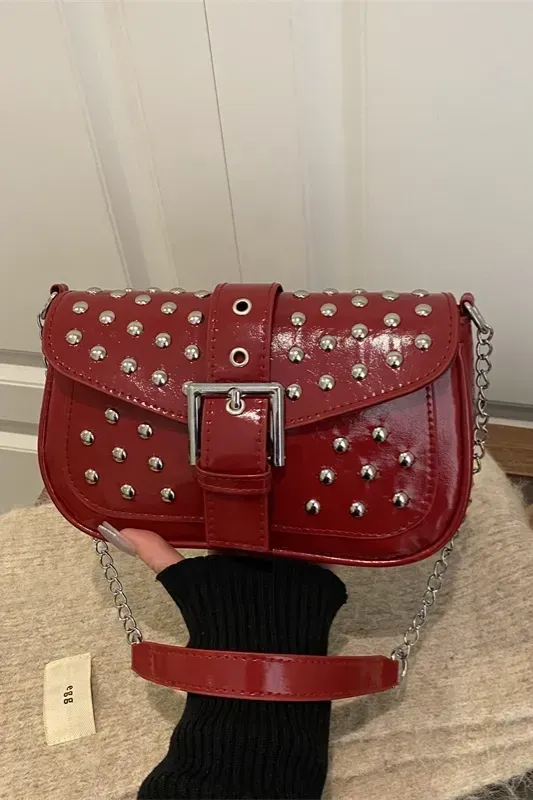 Wine Studded Pu Satchel Bag - Image 1